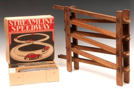 Marx Speedway Toy: Marx "Streamline Speedway" Toy , complete wind up cars with original box; one 4-turn marble ramp for game, wood and leather construction