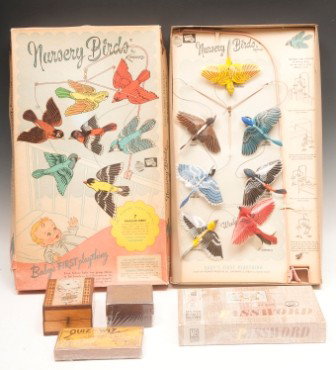 Cribbage Game, Game Lot: Group of four games, one hinged cribbage game board, box style with original game piece, card deck litho; one Quiz Wiz, Password, Game of Numerica and one baby toy "Nursery Birds" by Kenner