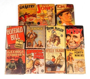 Western Big Little Books: Grouping of eleven western big little books including Wells Fargo, Eric Noble and the Forty-Niners, Riders of Lone Trails, Bronc Peeler, George O'Brien in Gun Law, Gene Autry Cowboy Detective, Tom Mix