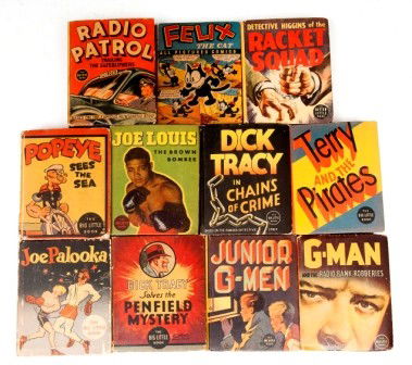 Grouping of Detective and Comic Character Big Litt: Grouping of eleven Big Little Books including Felix the Cat, Popeye, Terry and the Pirates, Joe Palooka, Joe Louis, Racket Squad, Radio Patrol, 2 Dick Tracys, G-Man and Junior G-Men