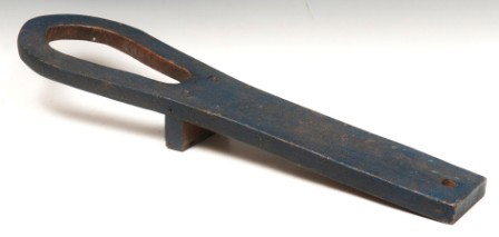 19th C Wood Blue Painted Boot Jack: 19th C wood painted boot jack; signed "A.A. Fisher"; retaining early paint surface, 3 1/2"h x 31"w x 7"d