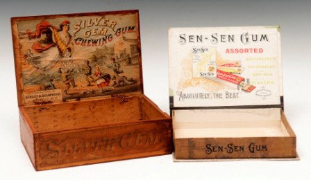 Gum Store Display Boxes: Including a wooden Silver Gem Chewing Gum display box with lift lid decal; also with a Sen-Sen Gum display box