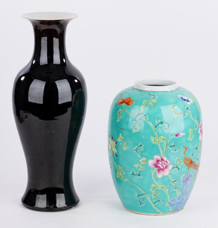 19th C / 20th C Chinese Vessel (1): An aqua Blue ginger jar (previously drilled for a lamp and measuring approximately 11" high. Note: we deleted the second vase due to damage 11/15/22.