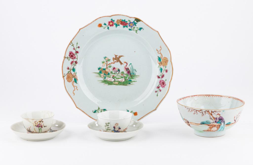 18th/19th C Chinese Porcelain Grouping: A 10" plate with images of crane, ducks, phoenix and flowers appears to have a Kintsugi , or Kintsukuroi repair. The pair of cups and saucers and a finger bowl are decorated with scenes of family life