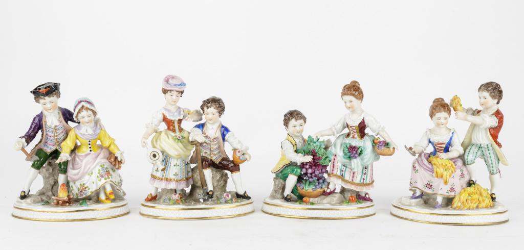 Four Porcelain Couple Figurines (marked): Approx 6" H x 5"W (at base). They are marked with an N with 3 dashes (crown) above. Early Capodimonte.