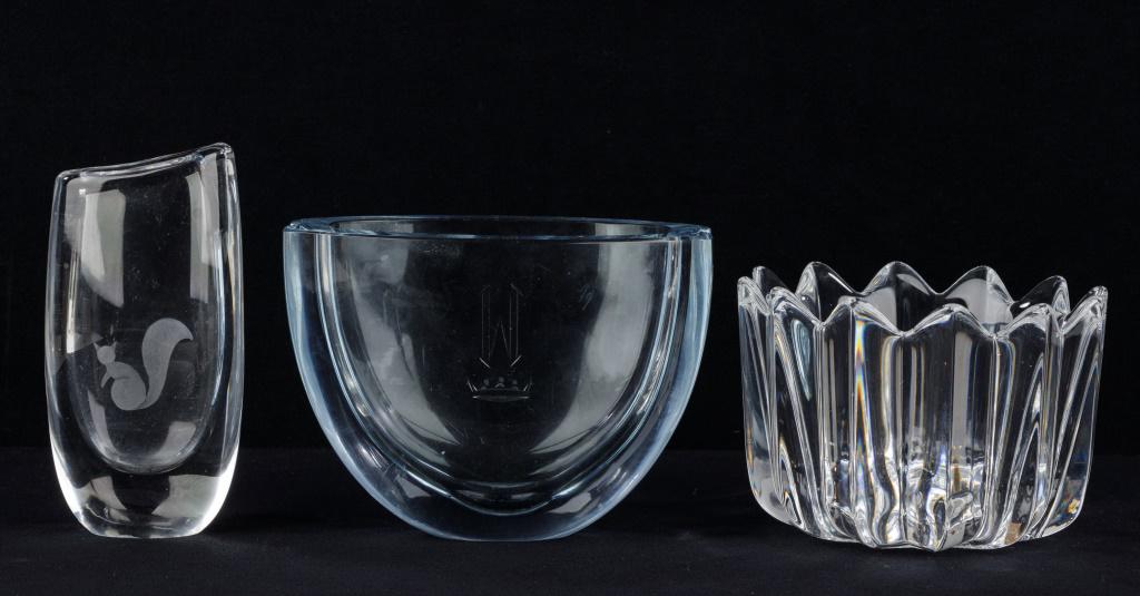Orrefors Crystal Vases (3): As seen in photos. Two clear glass, one tinted blue. Thick and weighty.