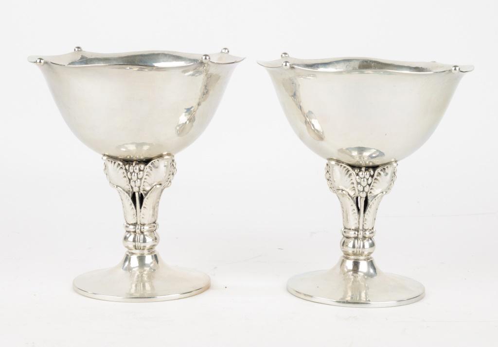 Gorham Sterling Silver Compotes (Pair): Two sterling silver hand hammered compotes retailed by J.E. Caldwell measuring approx 6 1/4" H x 5 7/8" D weigh approx 26.8 troy oz. In very good condition without dents, images of all 4 sides include