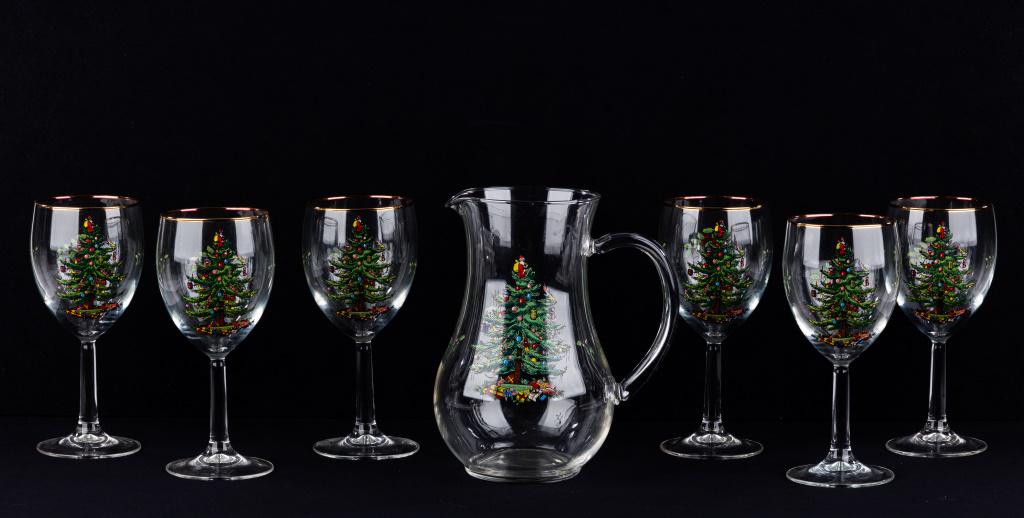 Spode Stemware Christmas Pattern with Pitcher: Pitcher and 6 goblets