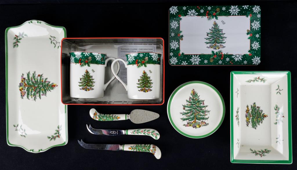 Spode Christmas Mugs, Cheese Knives, Tray: Spode England Christmas includes 2 nut and or cheese dishes, 3 cheese knives, 5 3/4" dia round cheese plate.