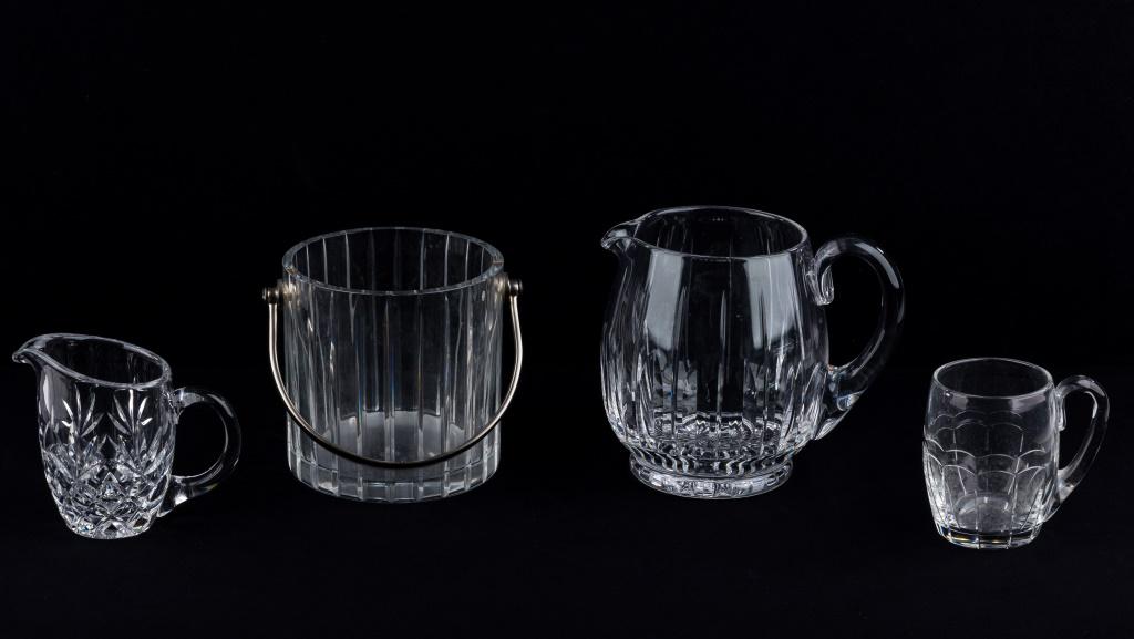 Baccarat Ice Bucket and Other Crystal: Approx 5" H ice bucket / low vase (marked Baccarat), Stuart pitcher (unmarked lead crystal), and two other small crystal items (one marked Webby England and other script L).