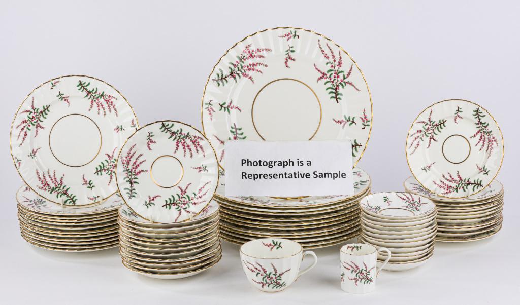 Royal Worchester Dunrobin China (74 Pcs): Marked "51" Bone China, Made in England. 12 Sets of 6 pieces as follows 12" plates (12), 8" plates (12), 6" plates (12), 12 cups, 12 saucers, 12 espresso cups.