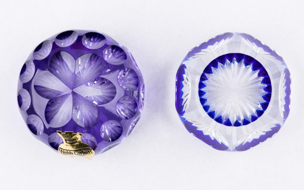 Baccarat & Webb Corbett Paperweights (2): Baccarat Paperweight approx 2" H with original sticker. Crown insignia Webb Corbett glass paperweight.