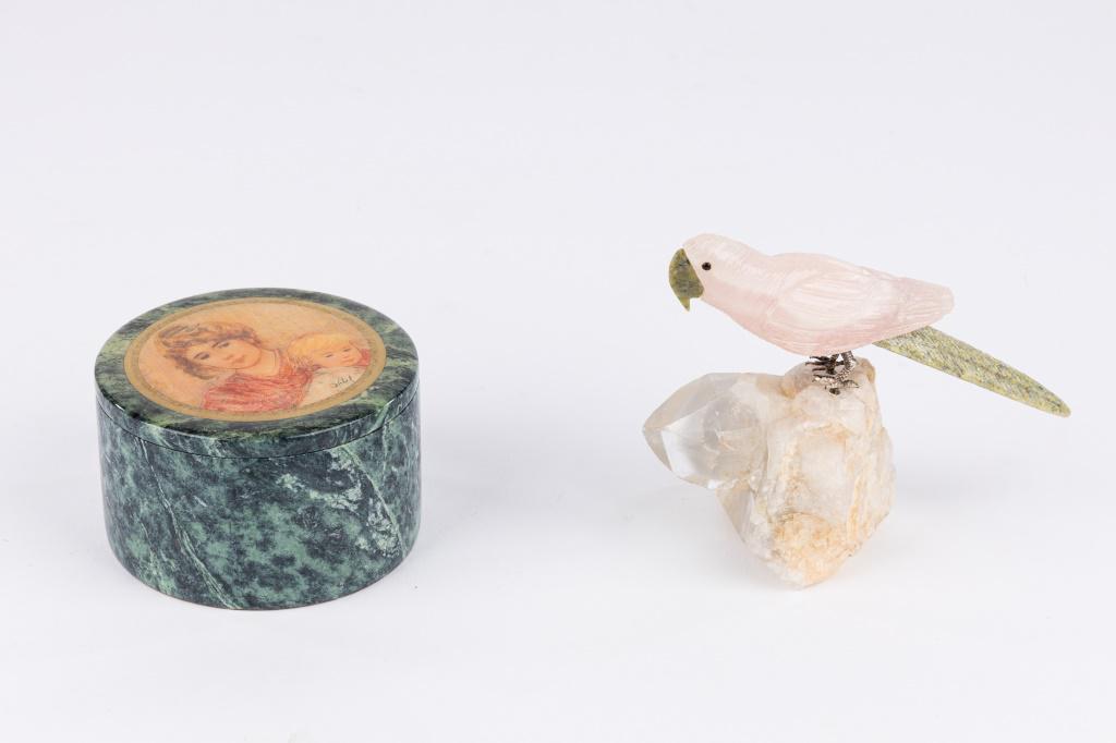Stone and Crystal Bird, Hibel Round Box: Edna Hibel Box includes a portrait, standing, approx. 2.5" x 3.5. Carved parrot on a rock.