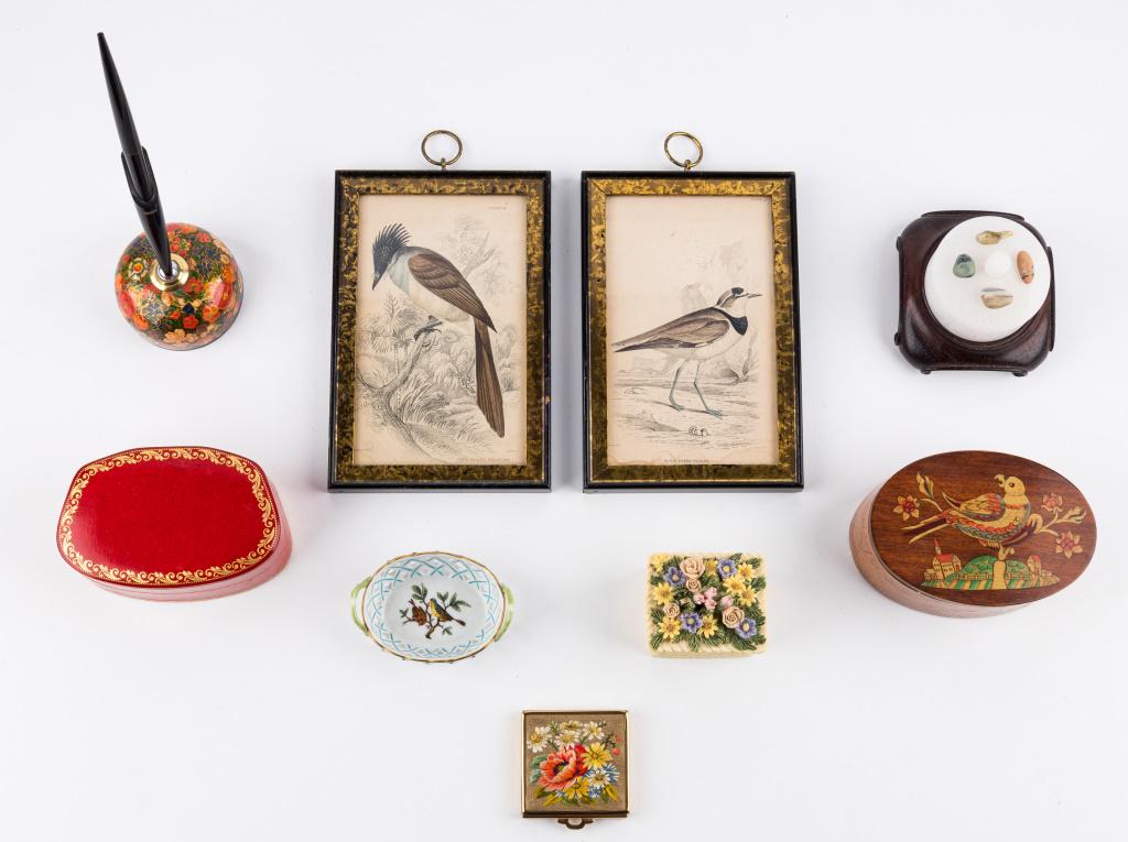 Sewing and Dresser Items w/Herend: Stone box, pen inlaid box, 2 bird prints and Herend dish.