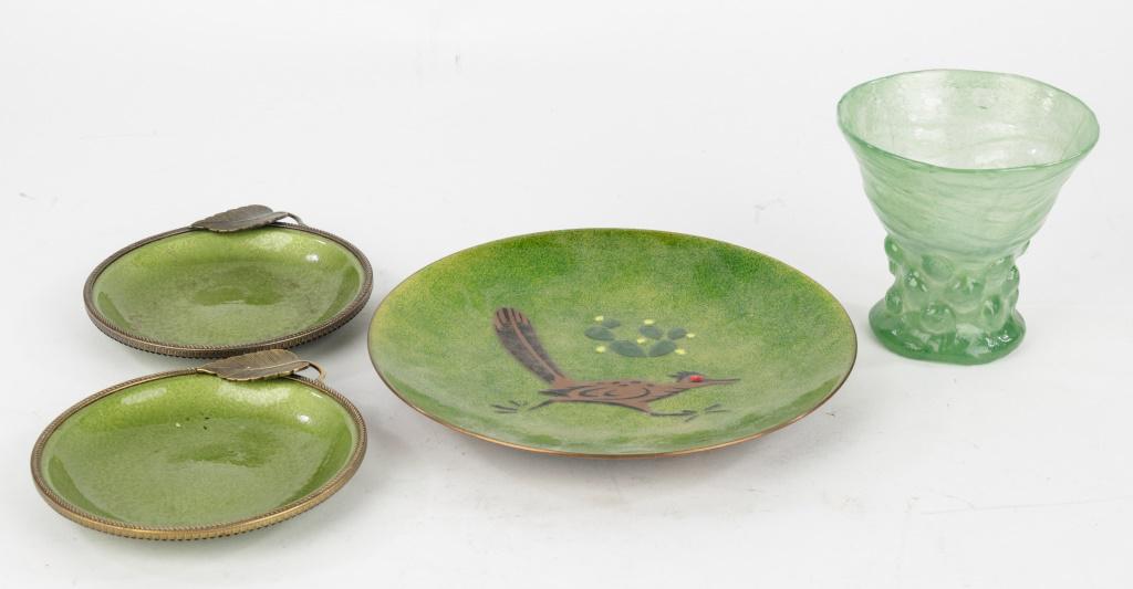 Enamel Plates and Hand Blown Vase: hand enameled plates artist signed by Annemarie Davidson. Small trays marked "Evans". Hand blown vase measures approx 3 3/4" H.