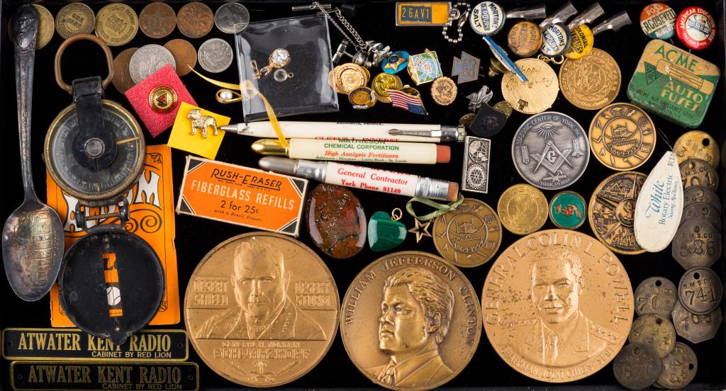 Coins, Tie Tacks, Tokens, Advertising & More: Variety of coins including three large coins (approx 3") and foreign coins, tool tags, tokens, Army Corps of Engineers military compass, bullet pencils, pins, advertising, pendants, and more.