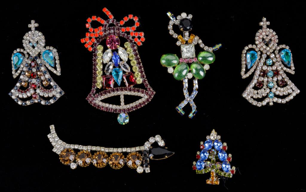 Handmade Christmas Brooches: 6 large hand made Christmas brooches: Angels, dachshund, Christmas tree (signed Husar, D) and bell. Dachshund is largest, measuring approx 4" L.