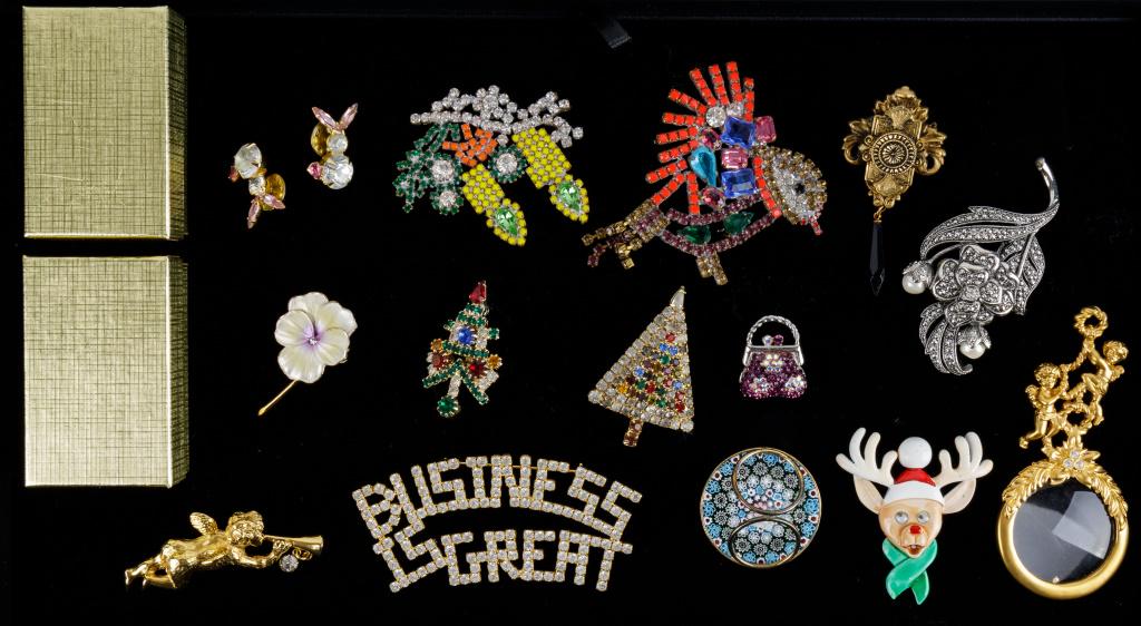 Christmas, Millefiore, Animal Brooches: Brooches including Christmas, birds, millefiore. Two handmade brooches, Two Bauer rhinestone rabbit pins. Other names include Avon and Yoscam. "Business Is Good" brooch (largest) measures approx 3 1/2