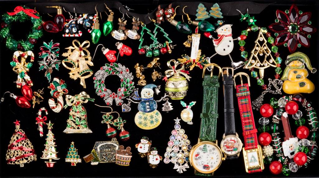 Christmas Costume Jewelry: Christmas costume jewelry featuring pins, watches, bracelets, and earrings. Over 40 items.