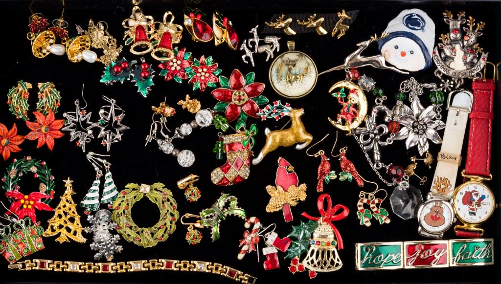 Christmas Holiday Jewelry: Christmas holiday jewelry featuring poinsettias, reindeer, holly, bells, cardinals, and more. Over 40 items.