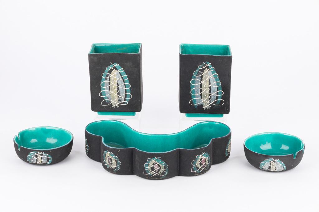 MCM Bard California Pottery: MCM California Pottery by Bard Creations, California includes 2 ashtrays (approx 5" dia), 2 vases approx 5 1/4" H) and a half moon planter (approx 12" L wide) One ashtray has a flea bit on the rim