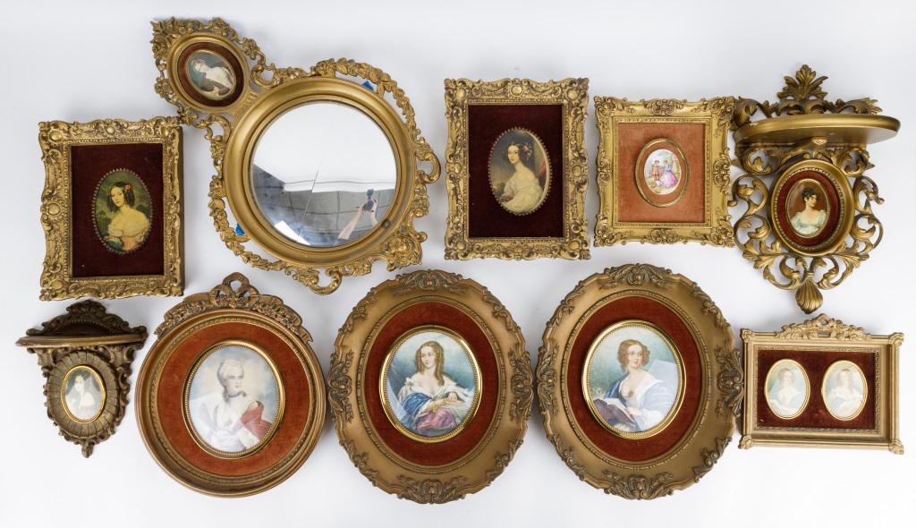 Framed Art of Victorian & French Ladies: 11 pieces of framed art of Victorian and French ladies. mirror, measuring 18 1/2" H x 12" W at widest (mirror broken)