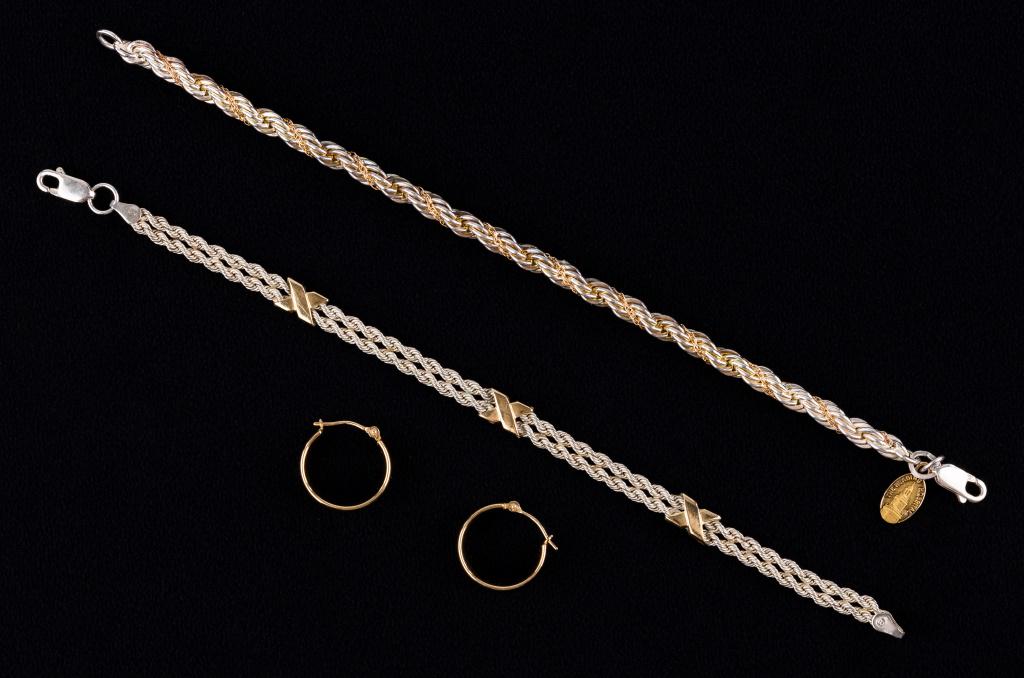 14K Earrings & Sterling Bracelets w/ Gold Accents: 14K JCM hoop earrings (approx. 3/4" hoop dia., 3/16" band width) .91 dwt. One 7 1/4" sterling bracelet twisted with a gold chain with a "The Reading Hospital" 10K charm. Lastly a 7 1/8" sterling brace