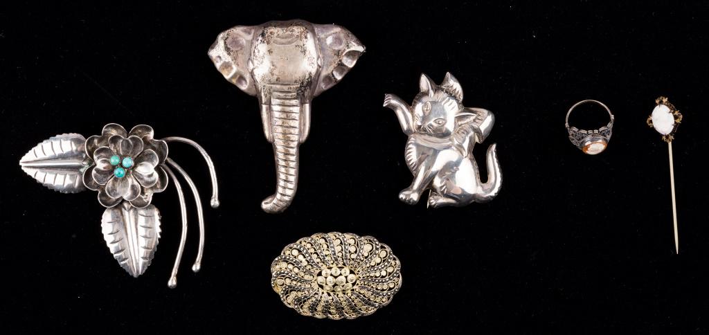 Sterling Silver Animal Brooches & Cameo: Mexico silver brooch with turquoise (3 1/4" x 2"), sterling and marcasite Germany brooch, sterling elephant brooch, sterling cat brooch, shell cameo stick pin and ring (approx size 7) in unmarked silv