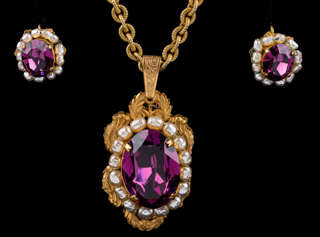 Miriam Haskell Earrings & Necklace Set: Set of Miriam Haskell necklace and clip earrings with glass and freshwater pearls. Necklace measures approx 22" L. Pearls loose on earrings with some missing.