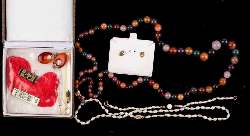 Pearl & Semi Precious Jewelry: Jewelry includes freshwater pearl necklace and bracelet (14K gold clasps), semi precious stone necklace (approx 26" L & 14K gold clasp), 2 pairs of earrings. Carnelian earrings need repair.