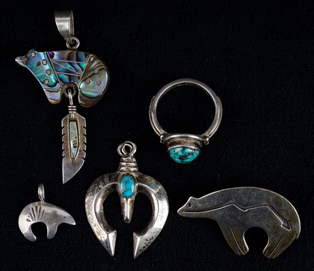 Native American Sterling Jewelry Group: Five piece collection including two bear pendants, one in abalone with feather accent, bear pin with arrow motif, mini Naja with turquoise pendant, SS ring with turquoise sz 6.5