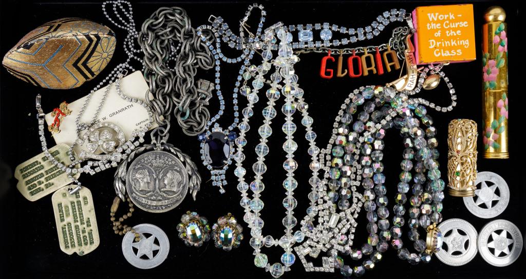 Queen Victoria Necklace and Vintage Jewelry: 20 pieces of jewelry including a vintage Queen Victoria tribute commemorative necklace, crystal necklaces, vintage lipstick and perfume holders, clip earrings, tokens, dog tags, and more.