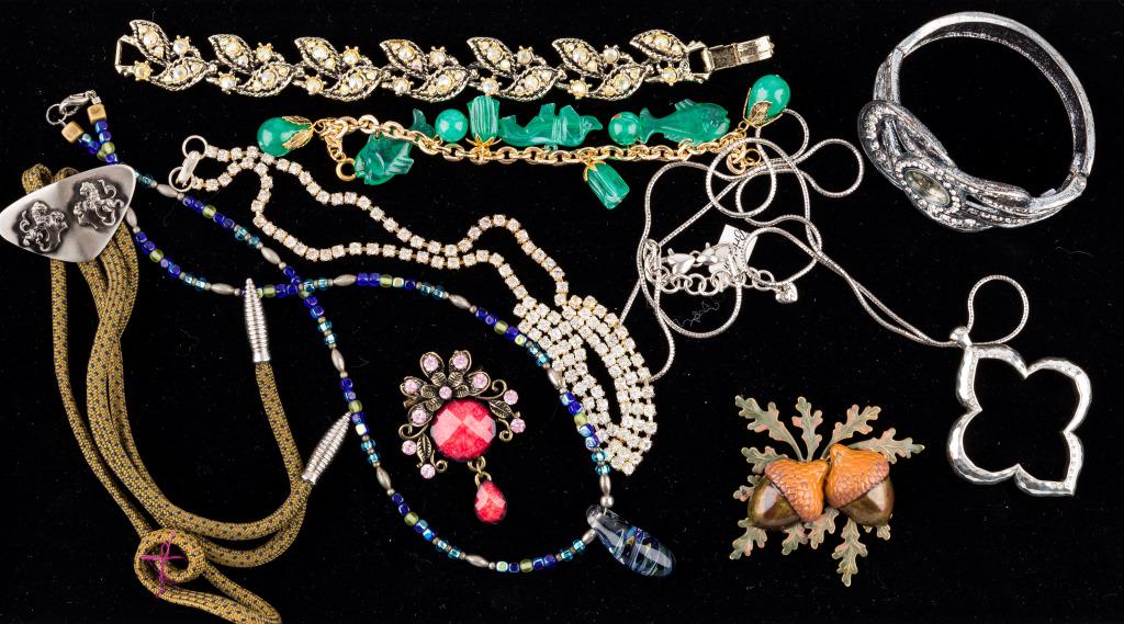 Vintage Estate Jewelry Collection: Brighton silver tone necklace, rhinestone cuff, watch bracelet, charm bracelet, pins, and more.