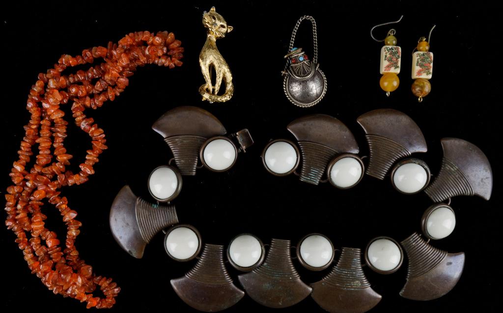 Ben Amun and Vintage Estate Jewelry: Large midcentury modern collar necklace with urns and white stones, approx 15"L open, Monet cat pin, rough stone necklace, tile dangle earrings, and snuff bottle with stones.