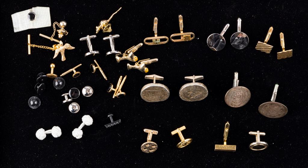 Vintage Cuff Links and Tie Tacks: Various vintage cuff links and tie tacks. Four tie tacks, 11 cuff link sets, 9 cuff studs and other odd cuff links.