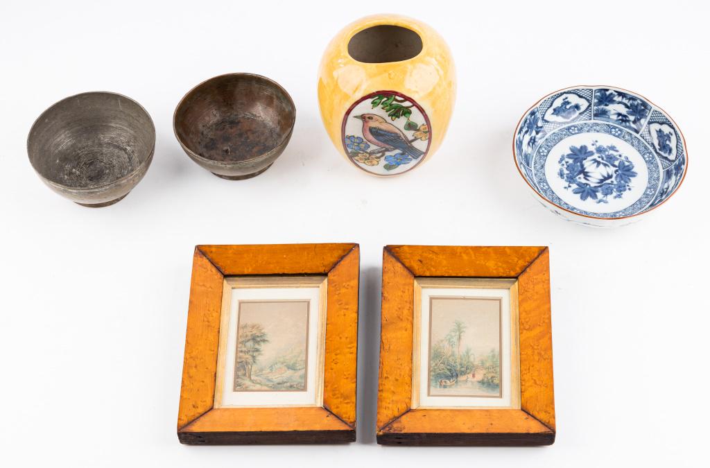 Antique Asian & Persian Decorative Arts: Persian vase with birds (signed) approx 6" H, antique pair of hand hammered copper and silvered overlay, 6" dia Chinese bowl with maker's mark on bottom, Asian Baxter miniature prints (approx 5 1/4" x