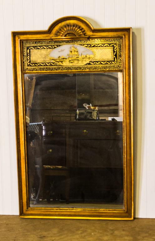 1920s Era Reverse Glass Mirror w/Ship: Approx 40.5" H and may have had a finial at one time, 23.5" W.