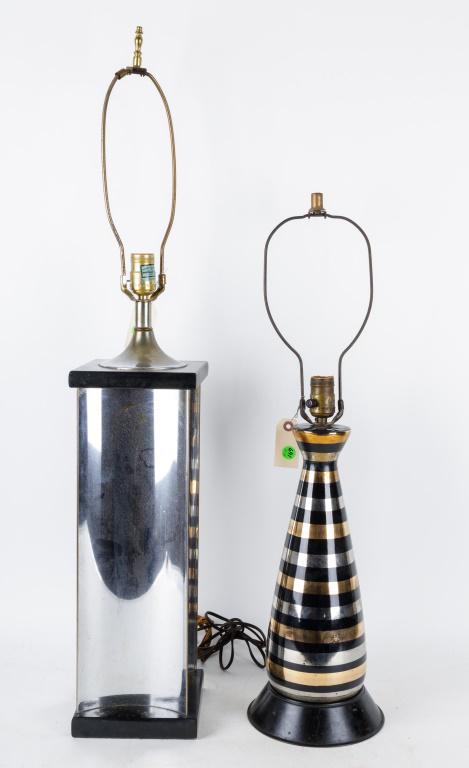Mid Century Modern Table Lamps (2): Two mid century modern table lamps. The mirrored lamp measures approx 36 1/2" H and the striped approx 28 1/2" H (both measurements to top of finial). Neither have maker's mark. Both used condition as