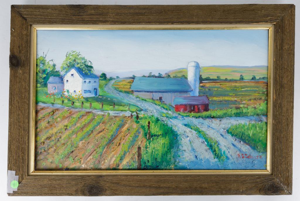 Richard D Schultz (Am, 1915-2007) Oil, Farm: Painting oil on canvas painting by Richard D. Schultz (American) of a farm landscape titled 'Farm at Johnny Cake Rd" is signed LR, canvas size approx 23" x 14". It is nicely framed. Schultz is a liste