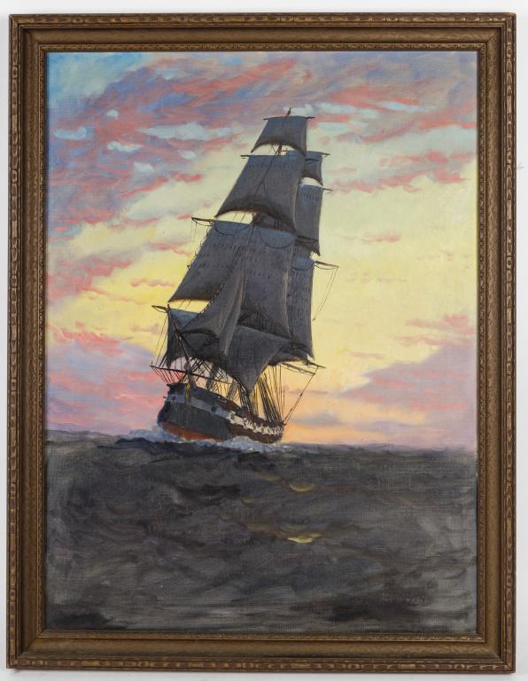 Henry Turner Bailey (1865-1931) Oil on Canvas: Untitled oil on canvas of an Eight Sailed Frigate under sail under a colorful sky, signed T. Bailey LR, and framed approx 27.5" x 36.5" OD.