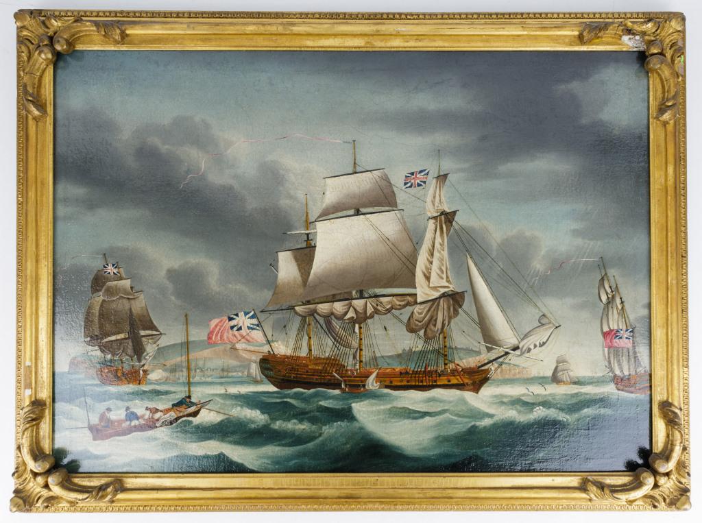 Antique English Oil on Canvas, Nautical: Central image is a ship with British flag and other ships off the coast. Approx 21" x 27.5". Retains remnant of an old round tag on the back with # 2266. Some loss to frame.