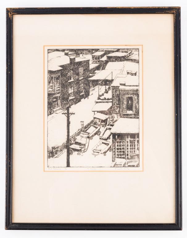"Roof Patterns" Etching by Elizabeth Lentz: This etching (image approx. 7" x 9") is titled "Roof Patterns" by Elizabeth Lentz and numbered 6 of 50. Lentz (1900 - 1985) was a teacher at Temple University in Philadelphia. She exhibited at the Pen