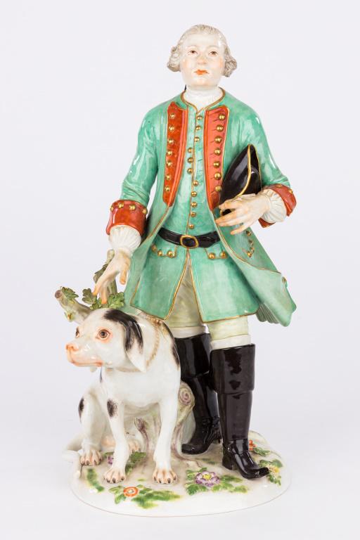 Meissen Figural Model "Court Hunter": Large Meissen "figural group" stands approx 13" H and depicts a gentleman walking his dog (late 19th / early 20th Century) standing on a round base, with the pet dog of Princess Maria Anna, daughter o