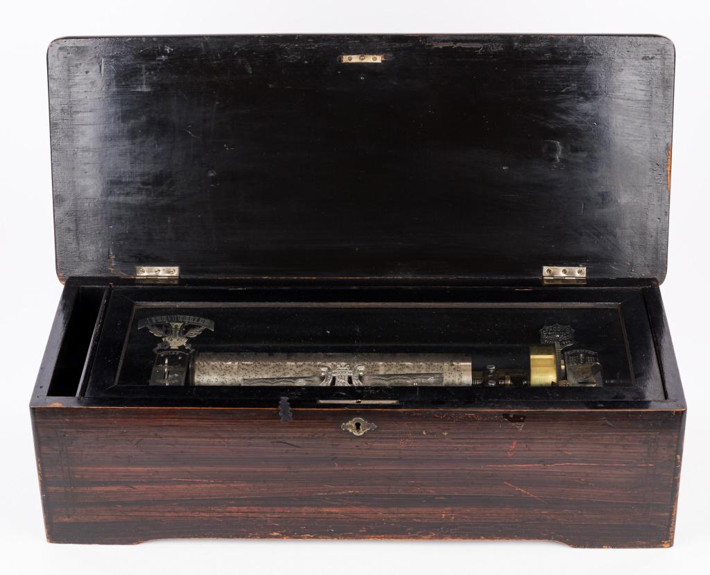 Elaborate Cylinder Music Box: Lovely condition and stamped Patented M & F 1816, Jacot's Patented Safety Check, Sept 22, 1886, Swiss repeat/change switch, Roman Numeral measure, original crank, appears to be in good working order. 