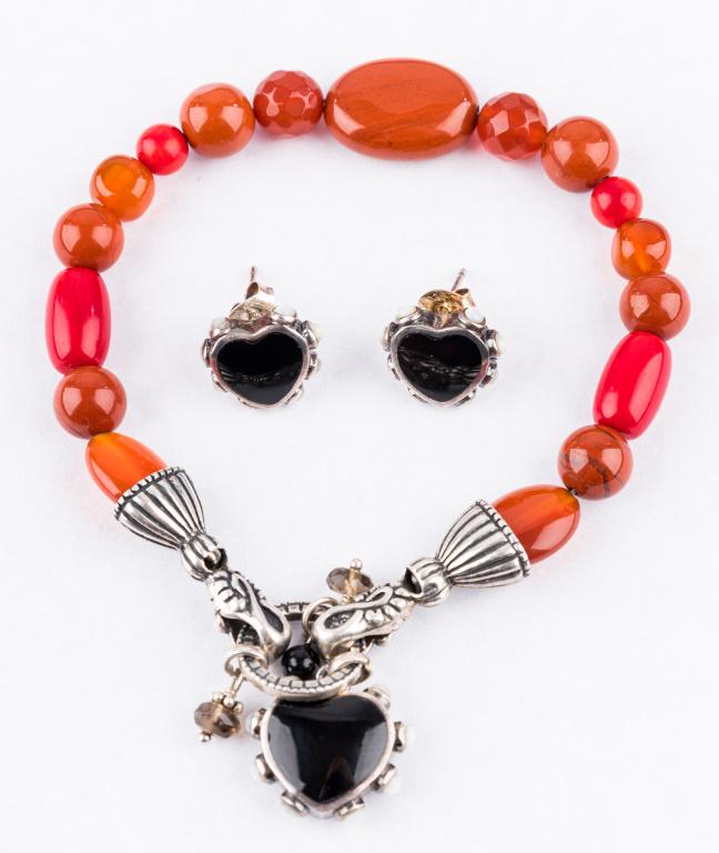 Carnelian Sterling Silver Bracelet: Sterling silver onyx and moonstone carnelian bracelet with matching earrings.