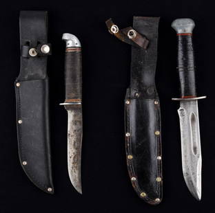 RH PAL #36 Military & Western Knives: 2 knives with sheaths, one RH PAL military knife measures 11" and a Western hunting knife model #1067479.