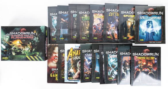 Vintage Shadowrun Books & Box (15+): There are approx 15+ vintage Shadowrun books and one box. All Catalyst Publisher. The box is Shadowrun Runner's Toolkit Alphaware.