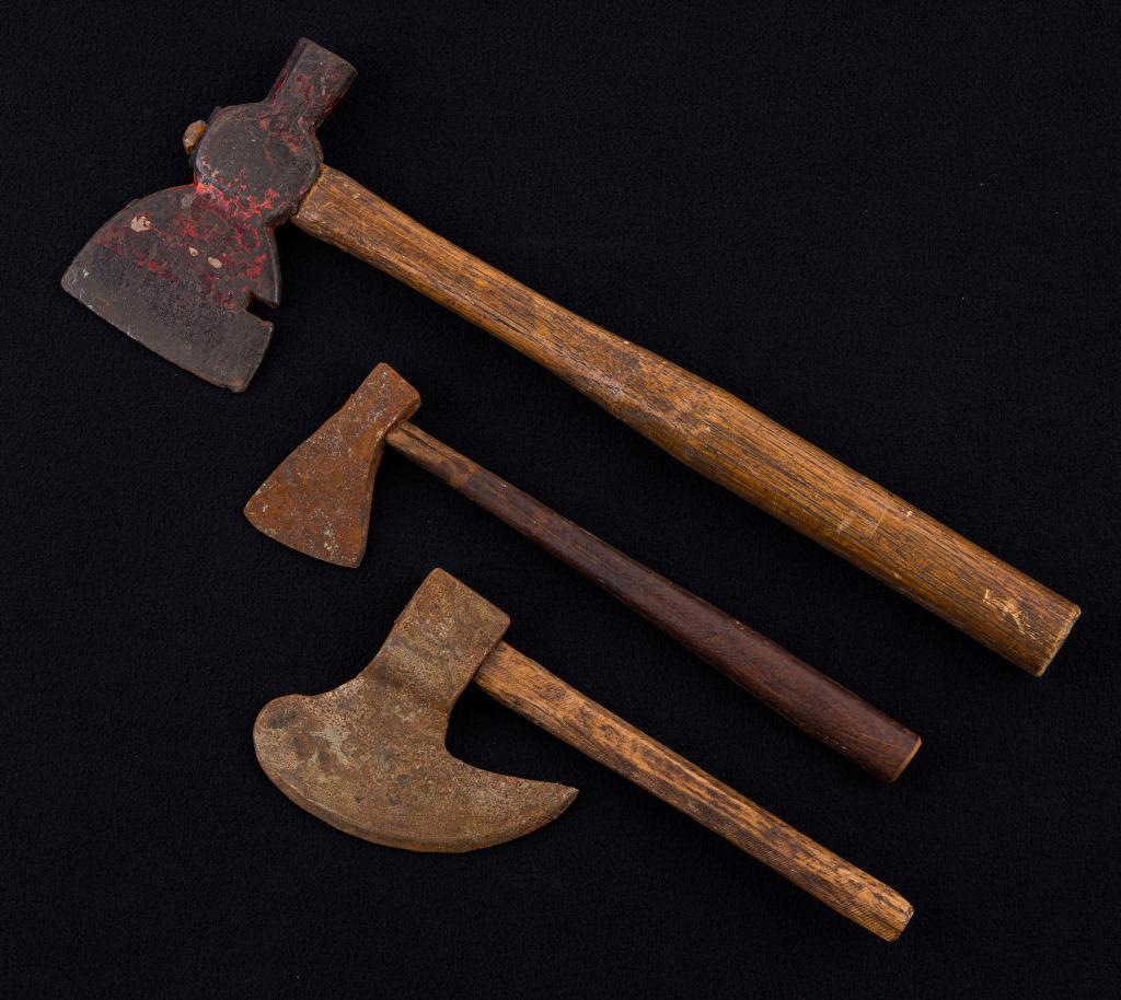 Antique Child's Size Novelty Hatchets (3): Overall length for the hatchets are approx 9" L, 6" L. One of these axes is a miniature Goose Wing huing / hewing ax measuring approx 5" L. All have original handles.