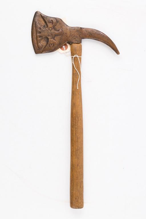 Antique Ceremonial Spike Tomahawk / TOTE: TOTE ceremonial ax appears to have original handle, overall length 15", has brass head with eagle with TOTE stamped into it and a teepee and eagle with TOTE.