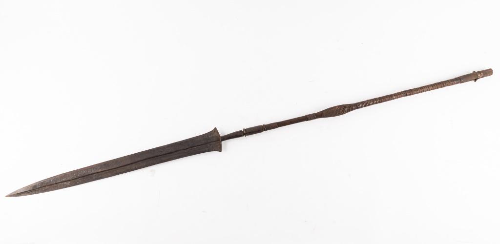 Antique African Ngbandi Tribal Spear: Antique Ngbandi spear is over 100 years old and originates from Northern Congo and was acquired from an old Belgian collection. The sword was collected in the 1920s colonial period. Measures approx 60